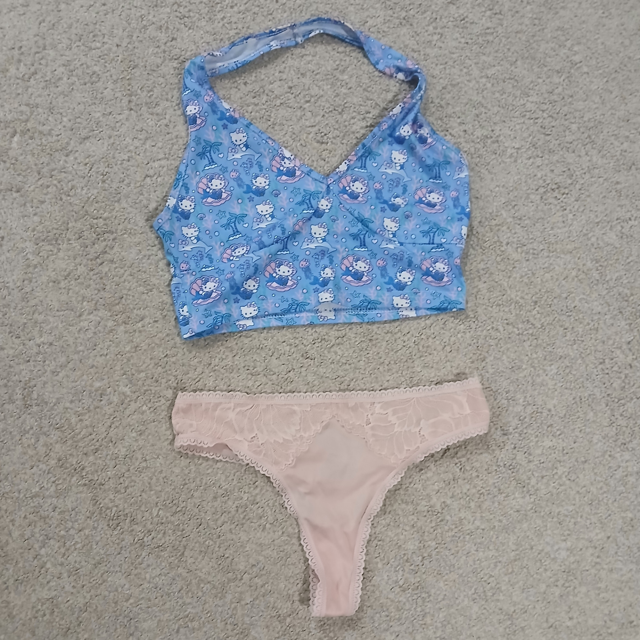 Pink Lace Thong With Blue Hello Kitty Top And 3 Videos